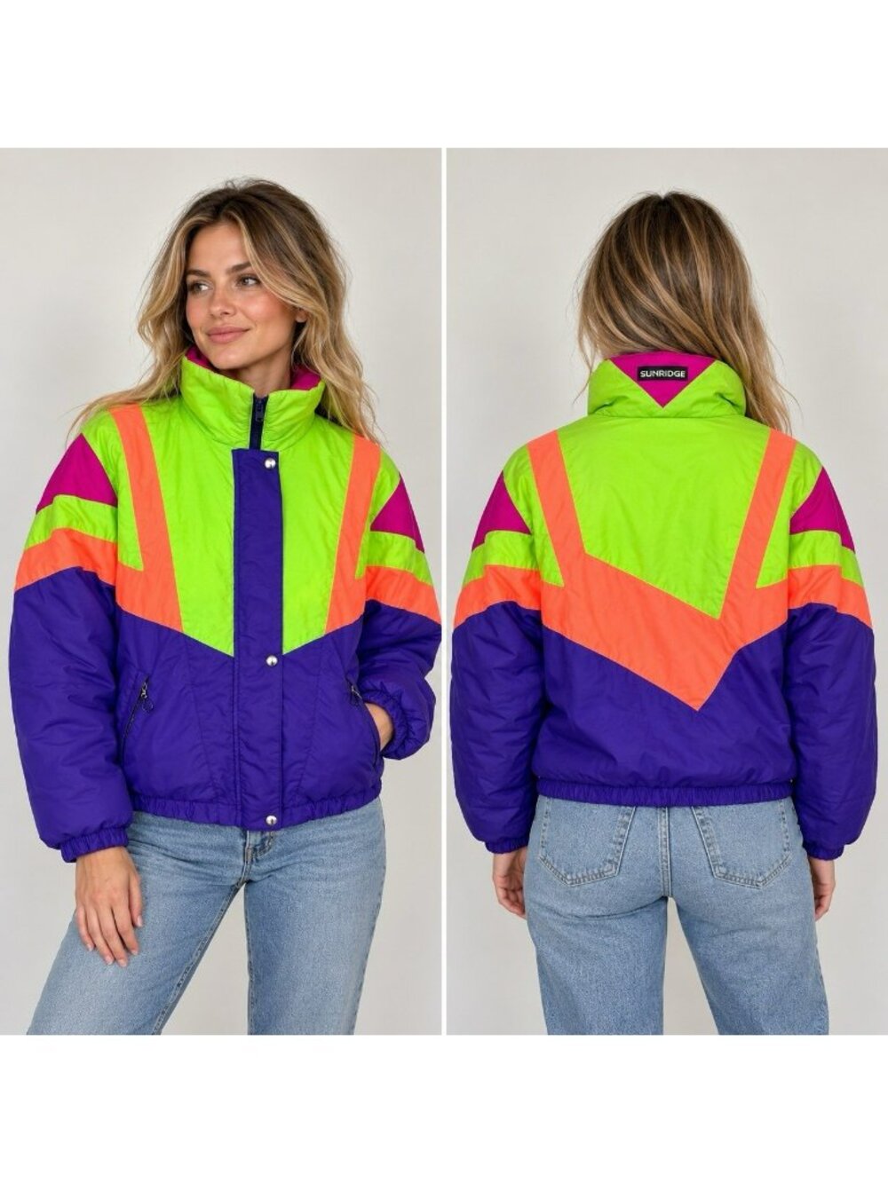 VTG 90's Sunridge Ski Jacket Coat Neon Fluorescent Colorblock Women Medium Retro